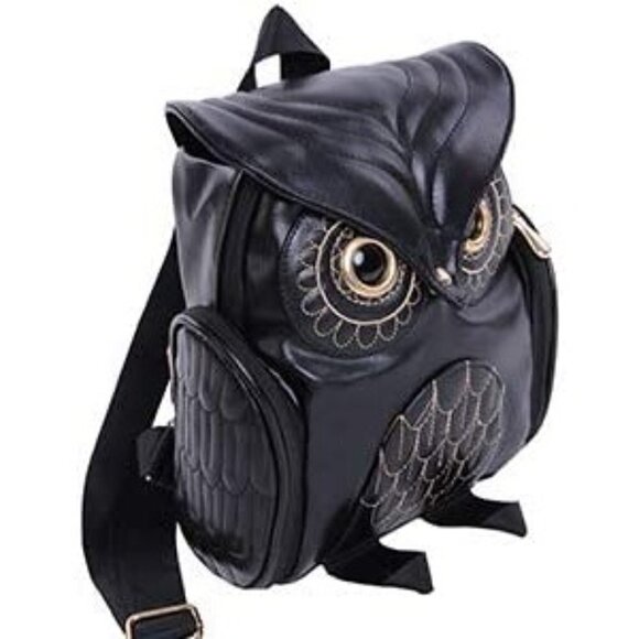 CUTE Black Owl Vegan Leather Backpack Punk Purse Shoulder Bag Daypack New NWT - Picture 2 of 6